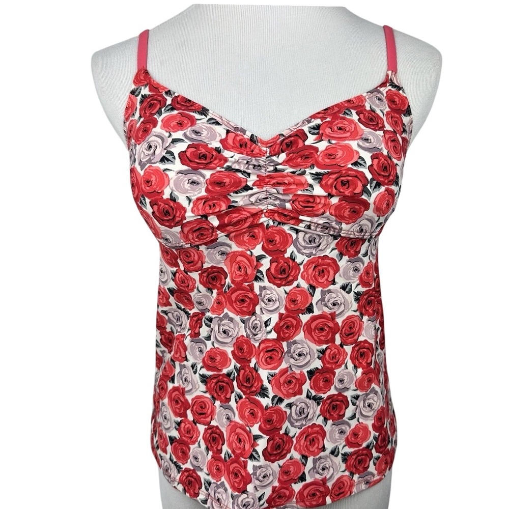 Talbots Tankini Swim Top Womens 6 Floral Ruched Adjustable Straps Pink Red